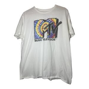 MTV Tie Dye Print White T-shirt Tee Mens Size Large 80s 90s  Cotton Logo